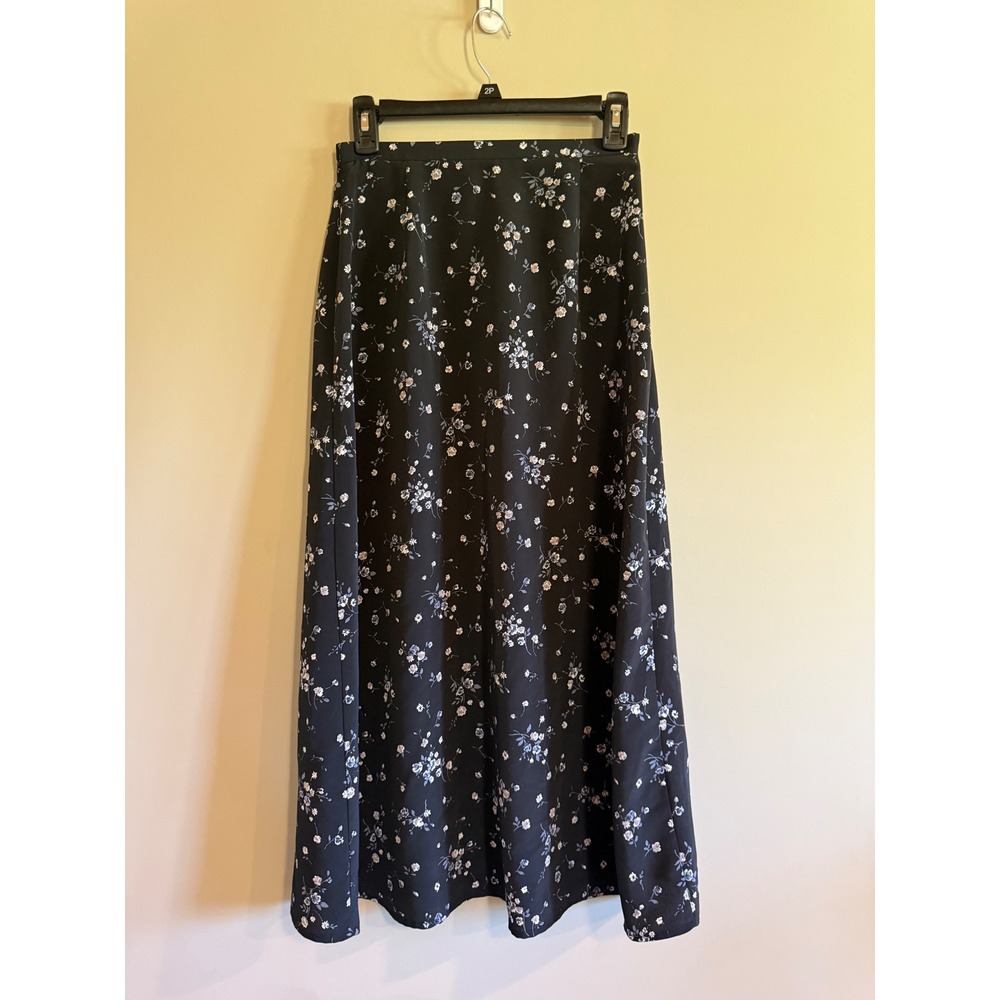 Pierre Cardin Black Floral Maxi Skirt Ditsy Print Elastic Waist Small